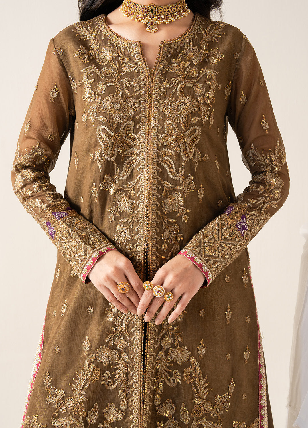 Pakistani Golden Brown Embroidered Chiffon & Organza Salwar Kameez (3-Piece) - Image 2