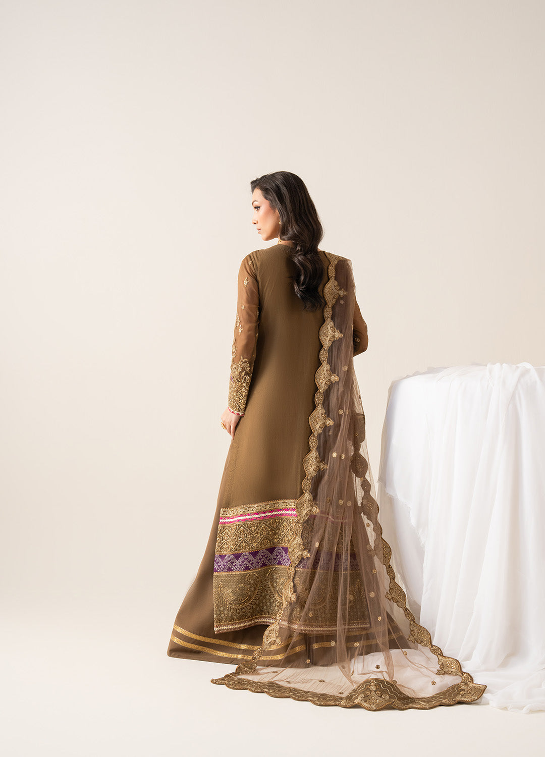 Pakistani Golden Brown Embroidered Chiffon & Organza Salwar Kameez (3-Piece) - Image 3
