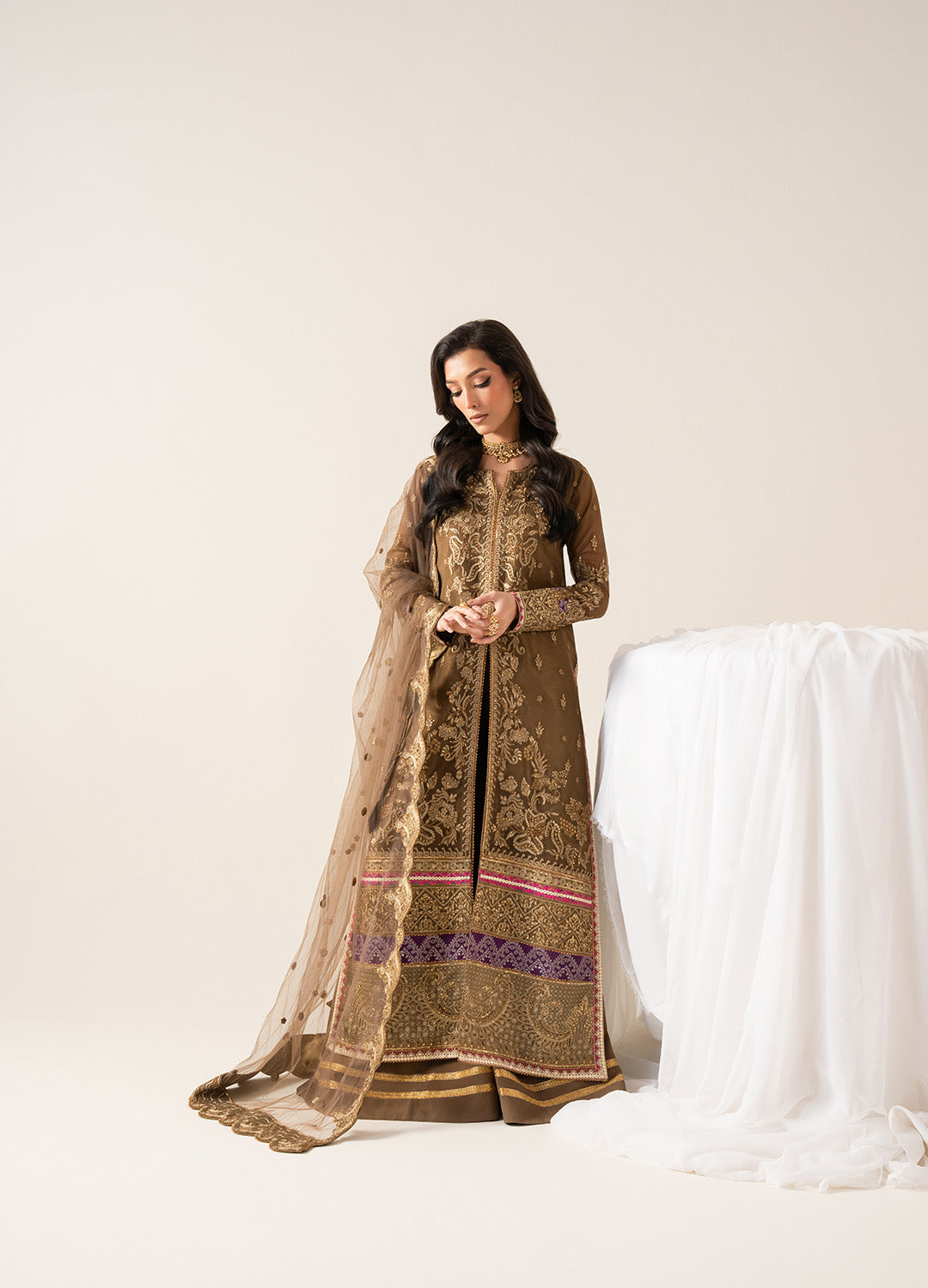 Pakistani Golden Brown Embroidered Chiffon & Organza Salwar Kameez (3-Piece) - Image 5