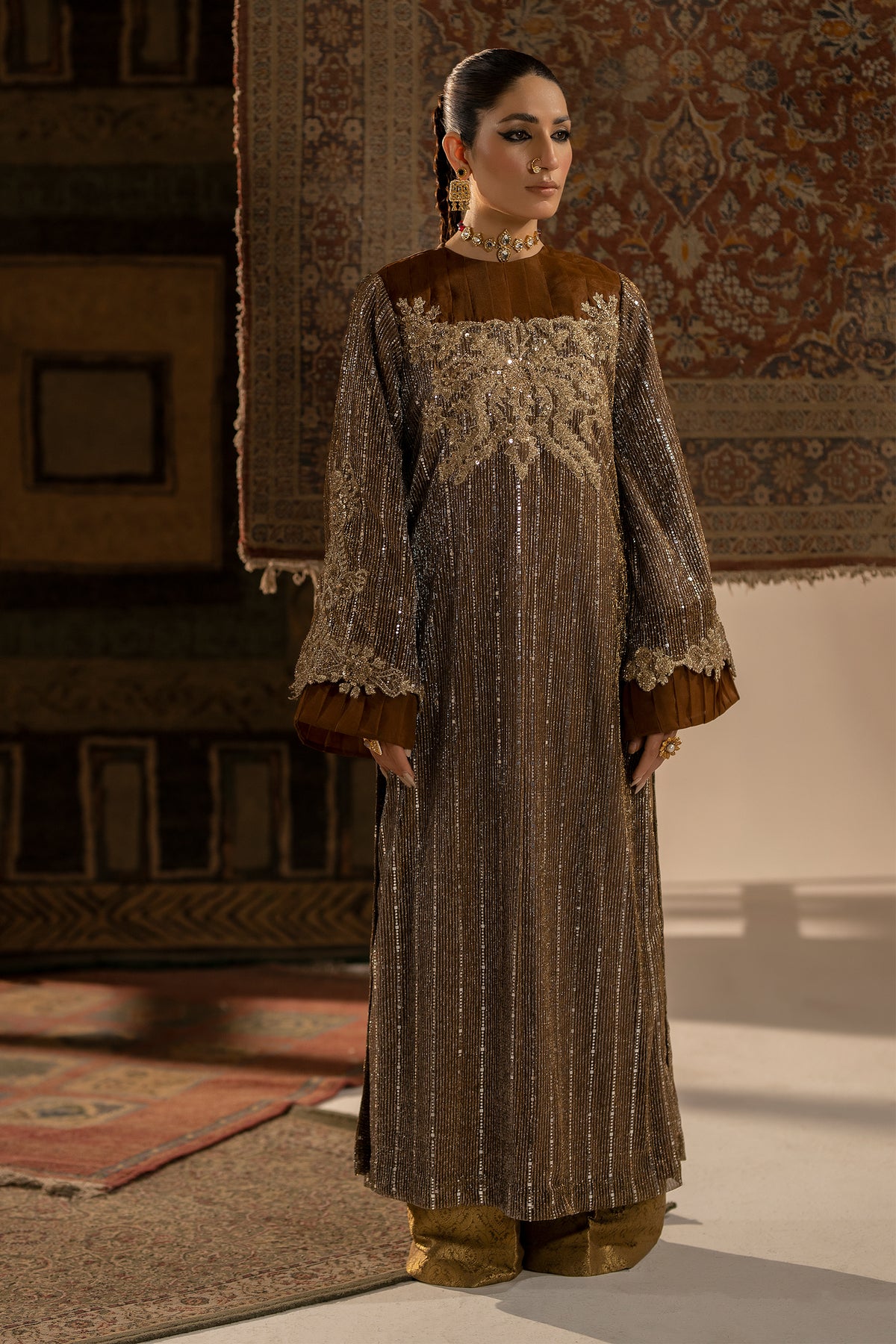 Pakistani Earthy Brown Embroidered Shimmer Shirt with Jamawar Trousers (2-Piece) - Image 1