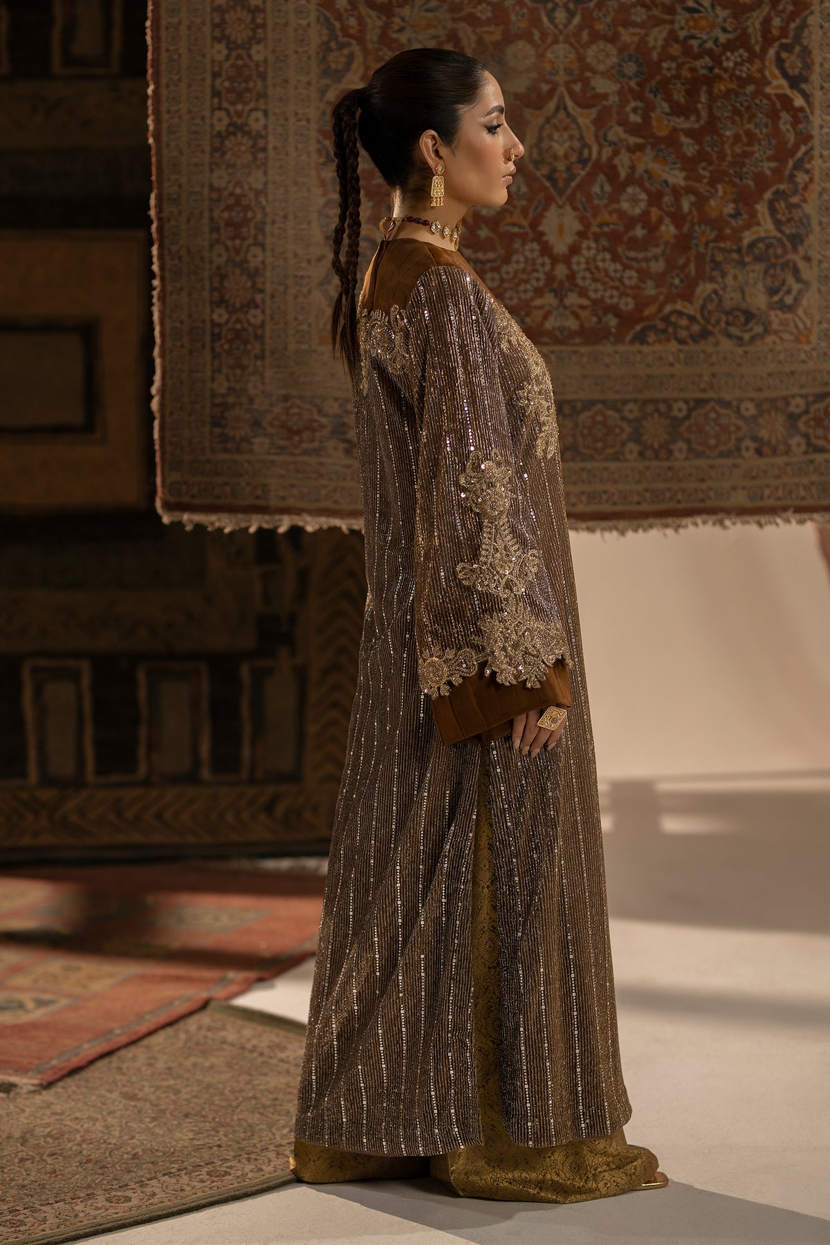 Pakistani Earthy Brown Embroidered Shimmer Shirt with Jamawar Trousers (2-Piece) - Image 2