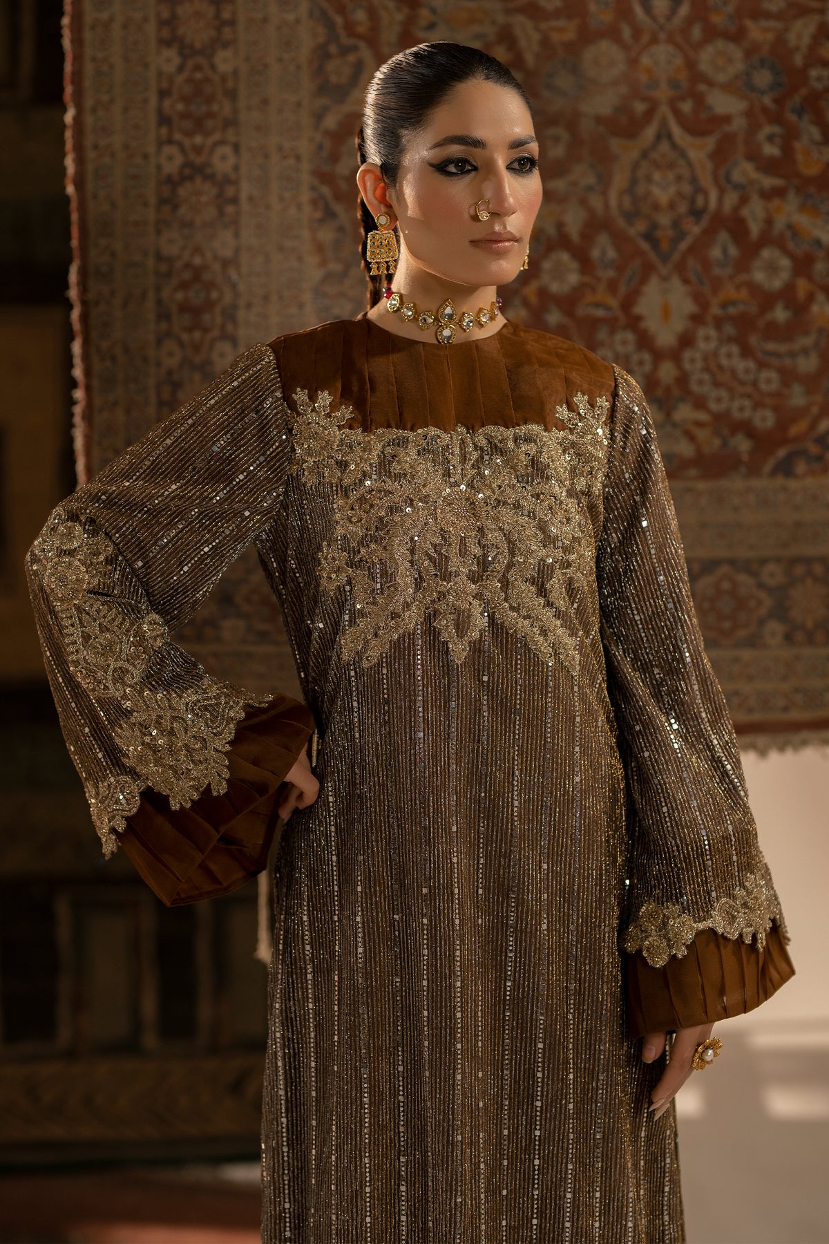 Pakistani Earthy Brown Embroidered Shimmer Shirt with Jamawar Trousers (2-Piece) - Image 3