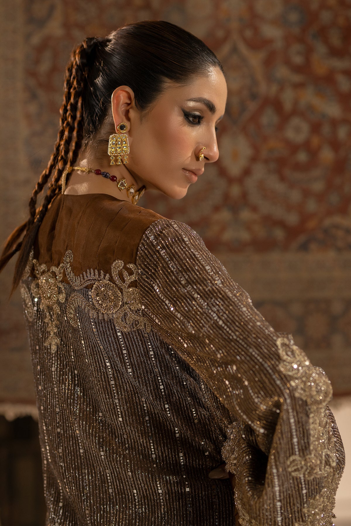 Pakistani Earthy Brown Embroidered Shimmer Shirt with Jamawar Trousers (2-Piece) - Image 4