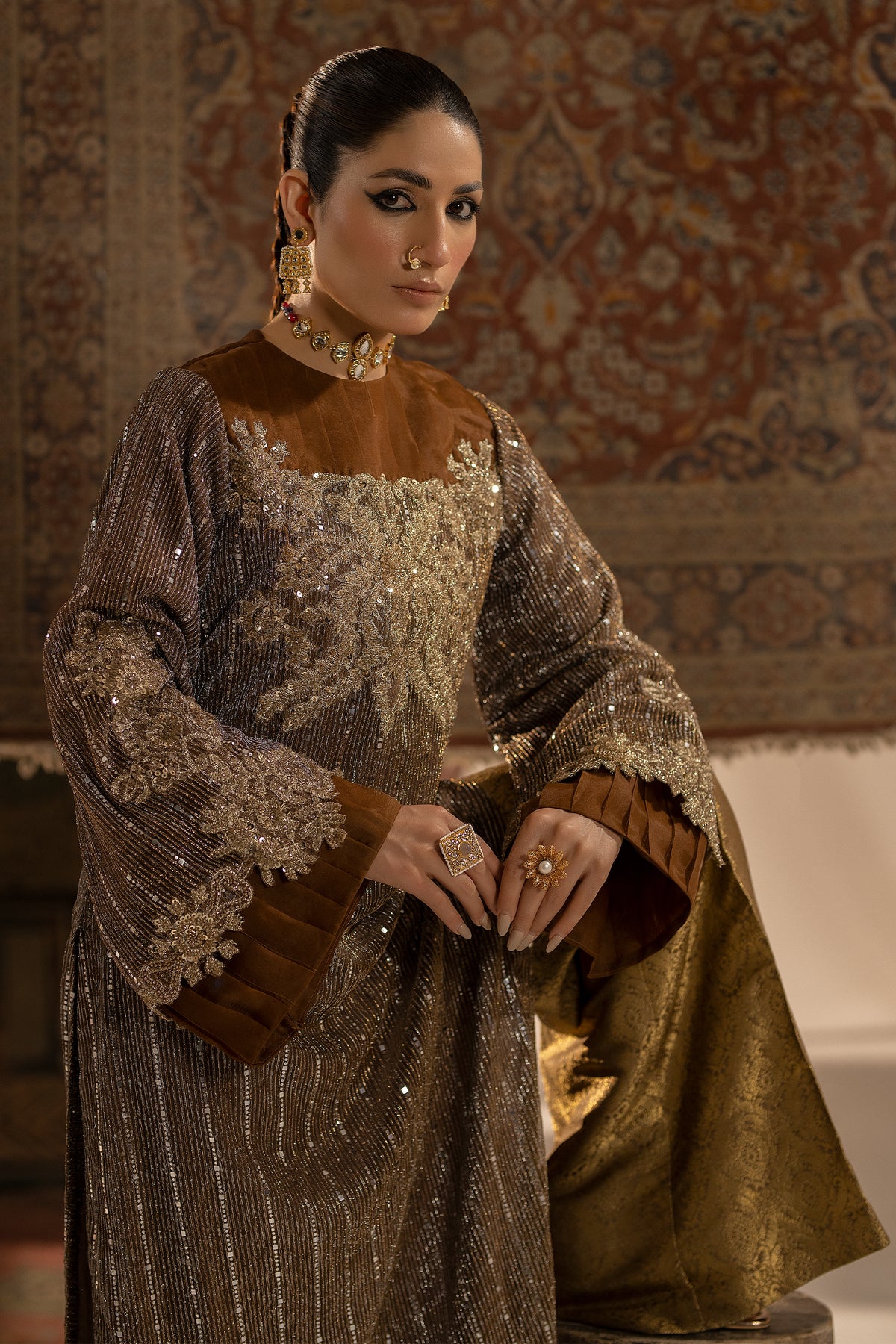 Pakistani Earthy Brown Embroidered Shimmer Shirt with Jamawar Trousers (2-Piece) - Image 5