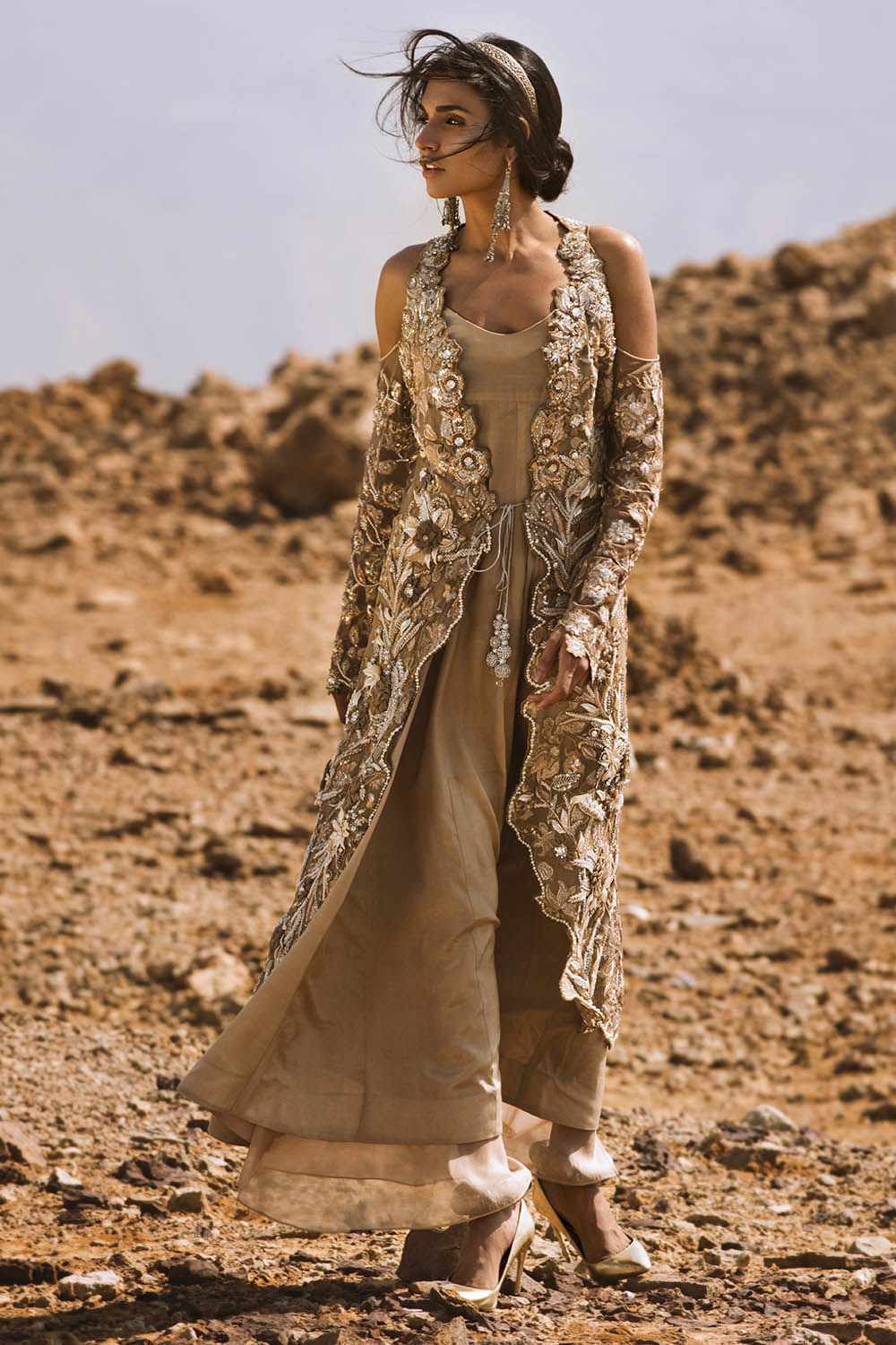 Pakistani Coffee Embellished Chiffon & Khaddi Silk Bridal Jacket (3-Piece) - Image 1