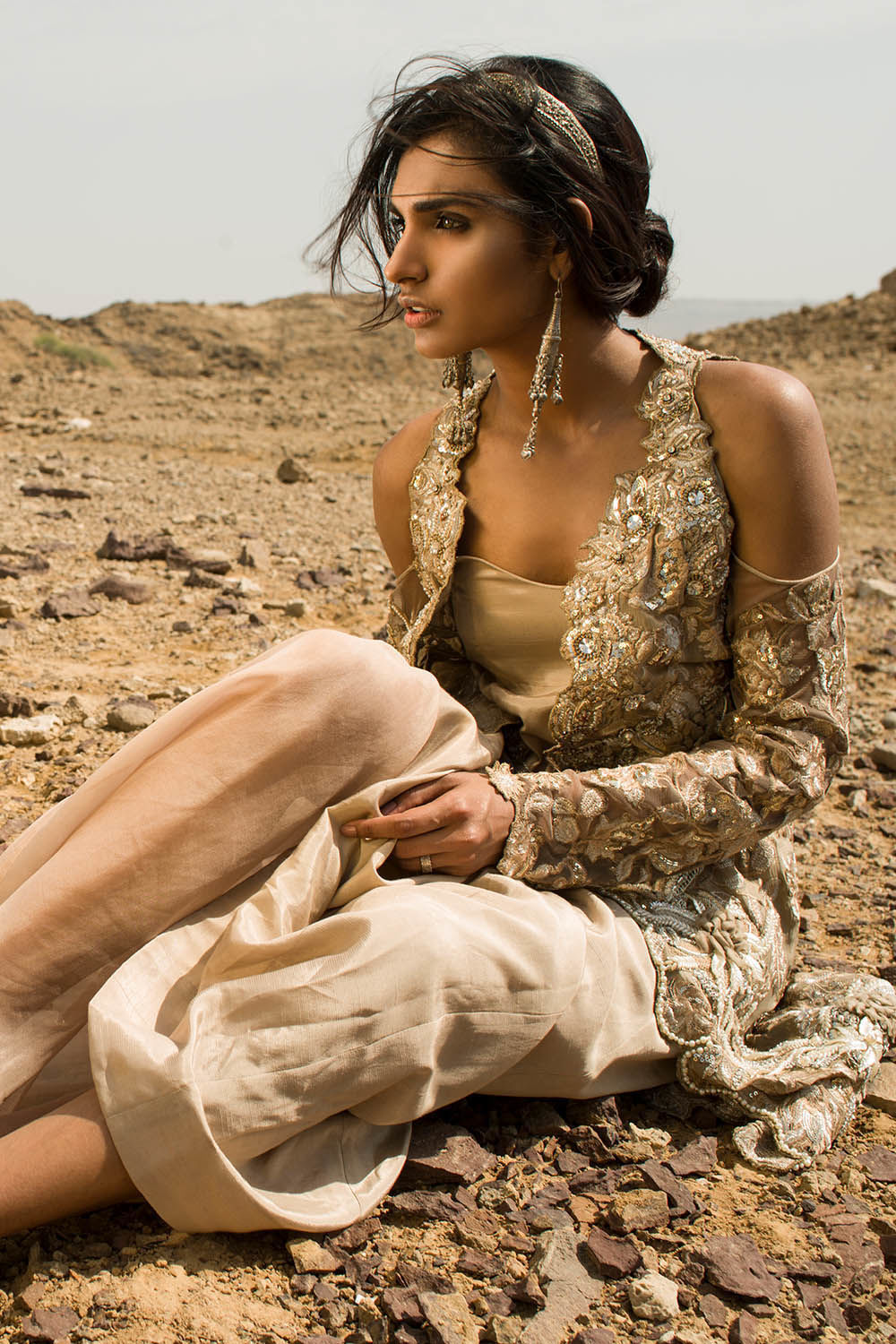 Pakistani Coffee Embellished Chiffon & Khaddi Silk Bridal Jacket (3-Piece) - Image 2