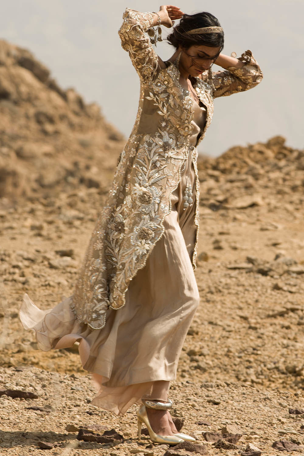 Pakistani Coffee Embellished Chiffon & Khaddi Silk Bridal Jacket (3-Piece) - Image 3