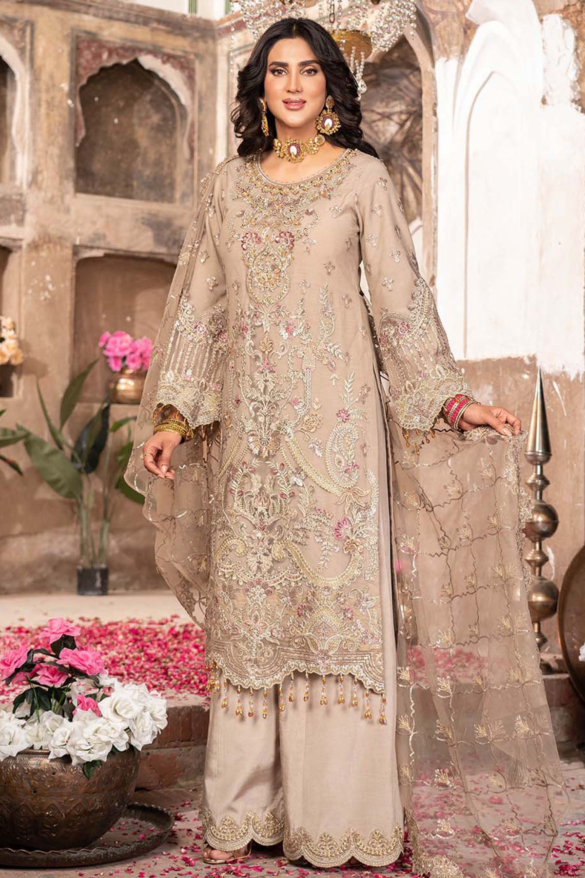 Mid-Brown Embroidered Net Salwar Kameez (3-Piece) - Image 1