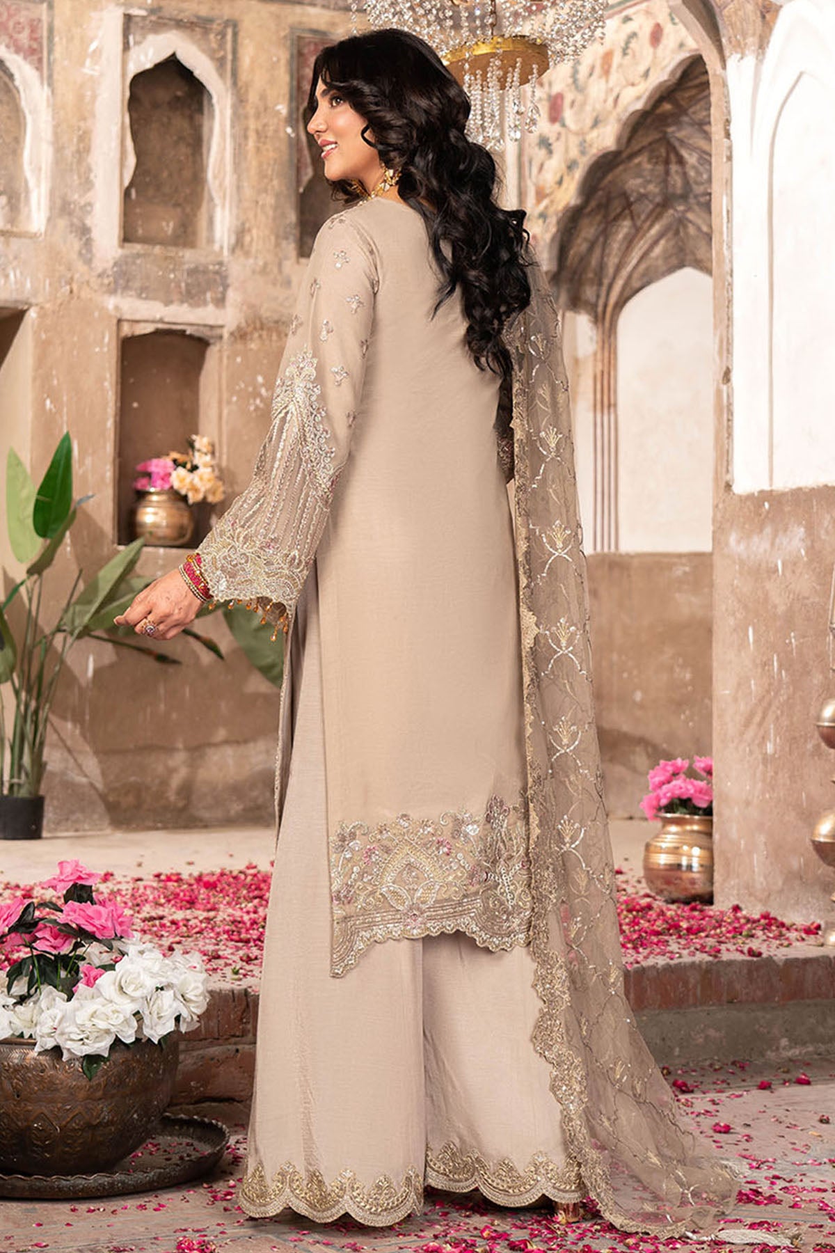 Mid-Brown Embroidered Net Salwar Kameez (3-Piece) - Image 2
