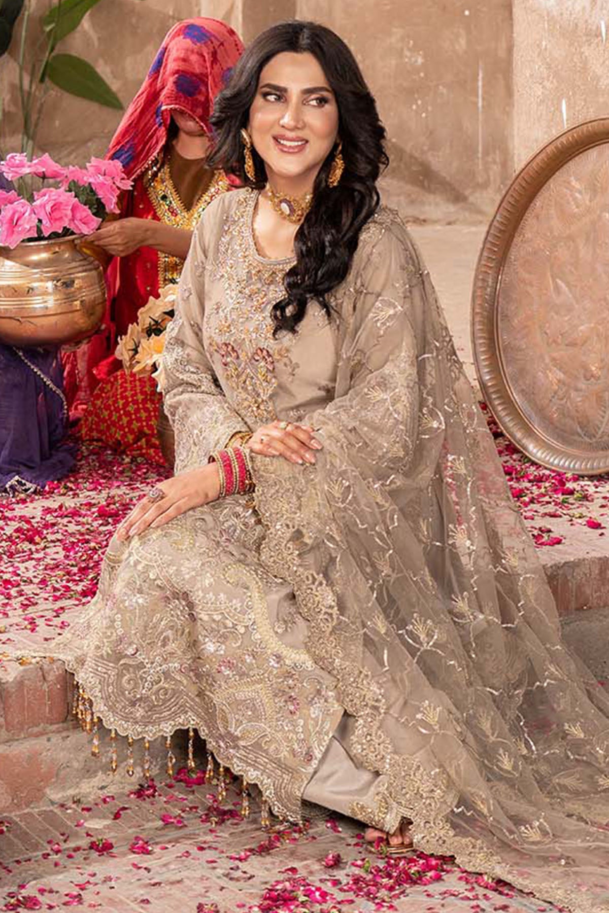 Mid-Brown Embroidered Net Salwar Kameez (3-Piece) - Image 3