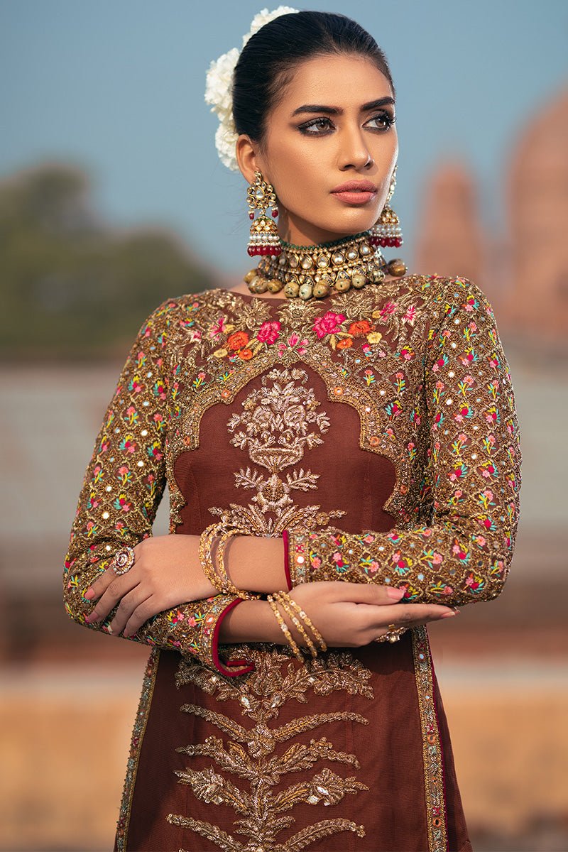 Pakistani Chocolate Brown Zardozi Net Long Shirt (3-Piece) - Image 3