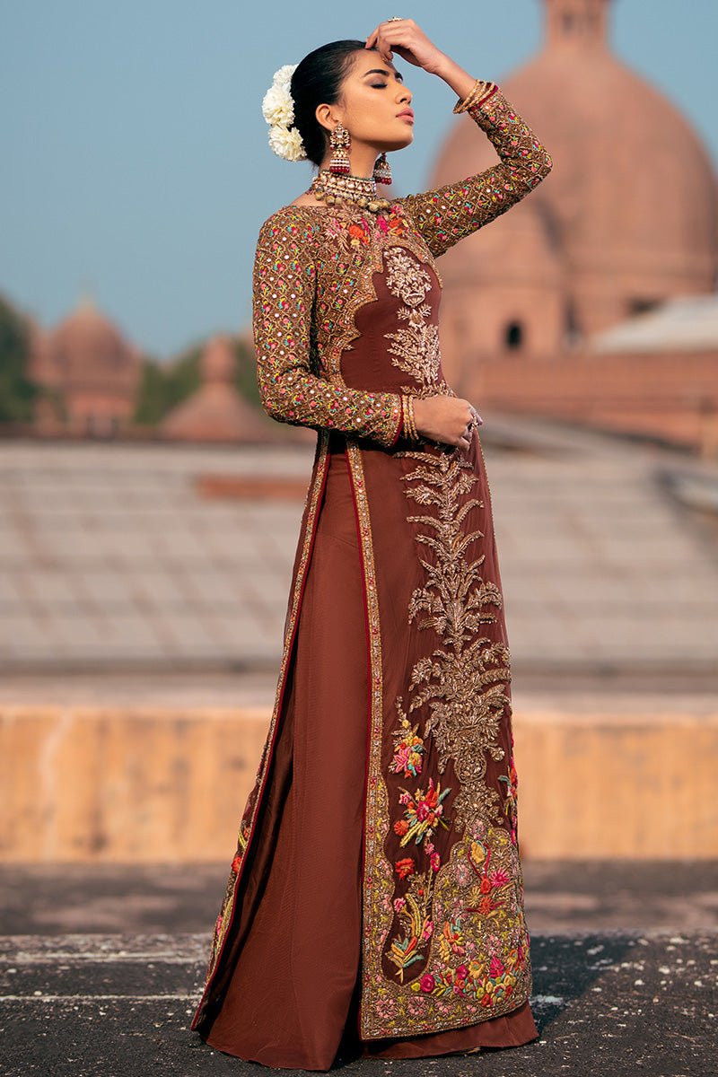 Pakistani Chocolate Brown Zardozi Net Long Shirt (3-Piece) - Image 4