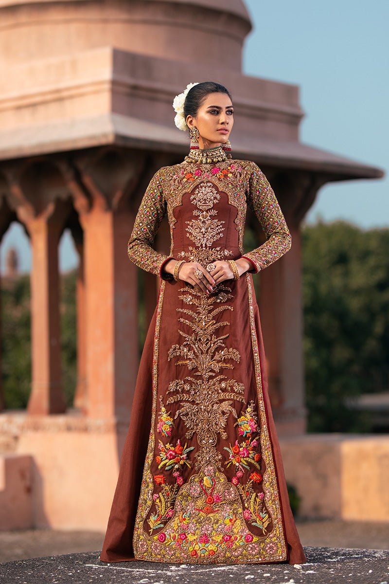 Chocolate Brown Zardozi Net Long Shirt (2-Piece) - Image 2