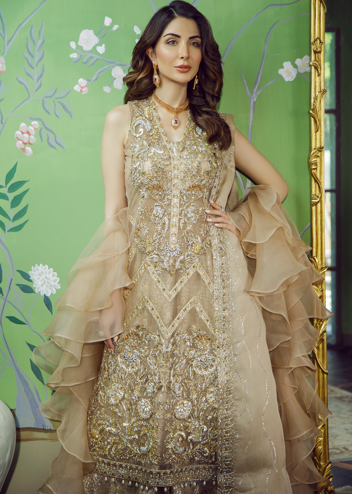 Pakistani Coffee Embroidered Net Brocade Salwar Kameez (3-Piece) - Image 3