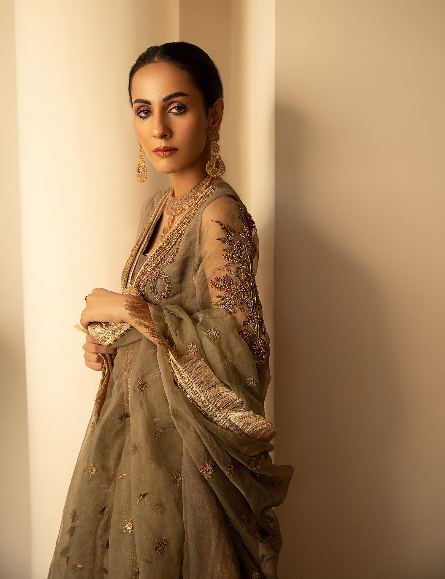 Pakistani Brown Embellished Organza 3-Piece Suit - Image 4