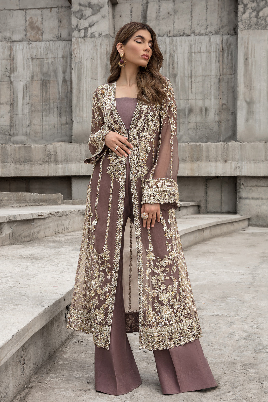 Brown Embellished Organza Jacket with Raw Silk Trousers (2-Piece) - Image 1