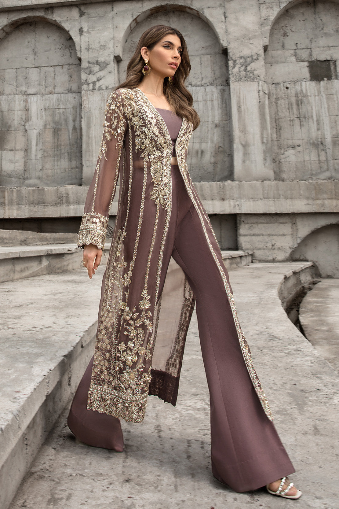 Brown Embellished Organza Jacket with Raw Silk Trousers (2-Piece) - Image 3