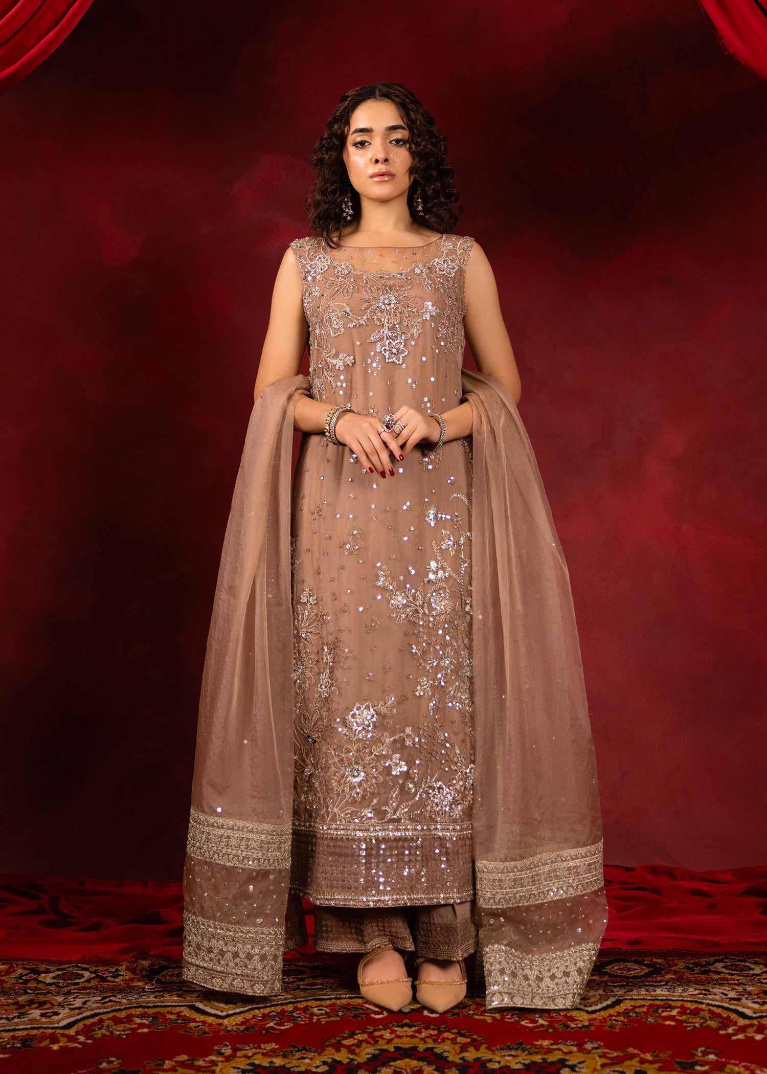 Soil Brown Ada Embroidered Organza Salwar Kameez (3-Piece) - Image 1