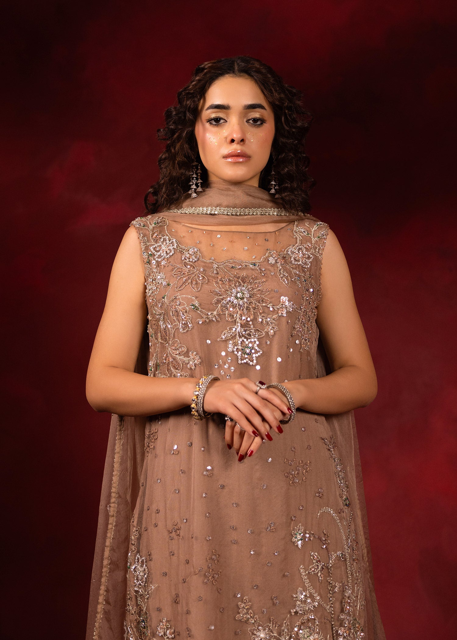 Soil Brown Ada Embroidered Organza Salwar Kameez (3-Piece) - Image 2