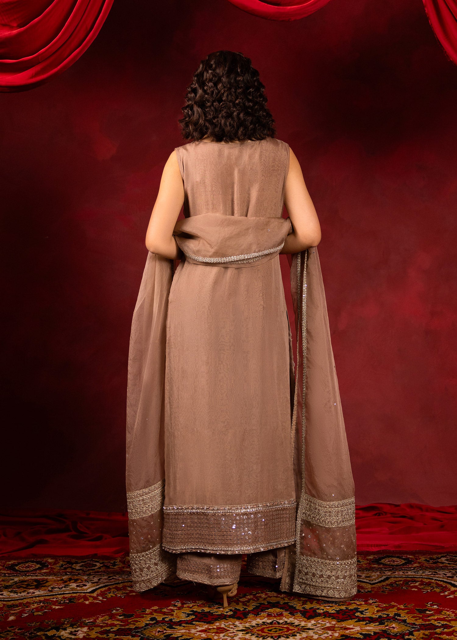 Soil Brown Ada Embroidered Organza Salwar Kameez (3-Piece) - Image 7