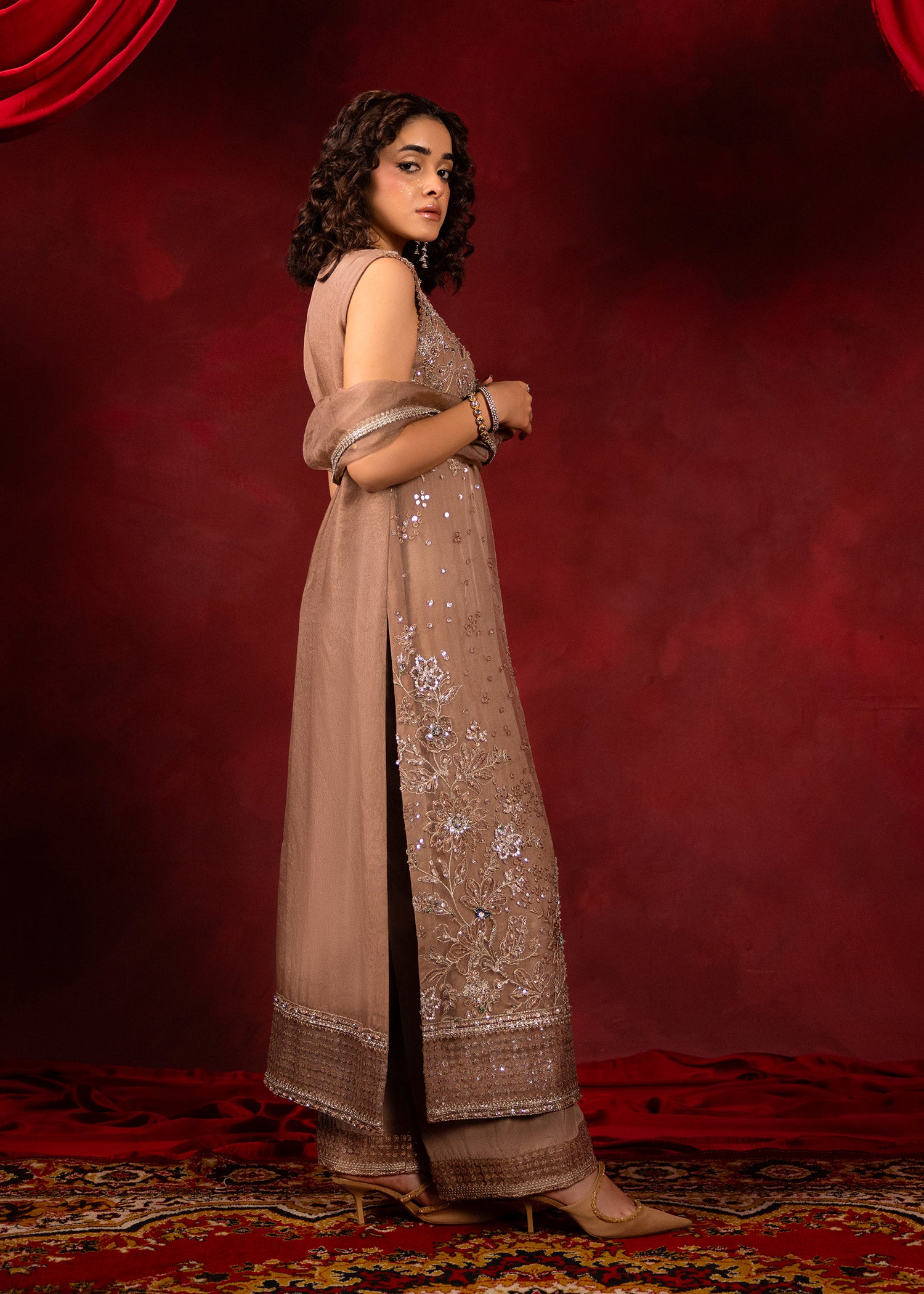 Soil Brown Ada Embroidered Organza Salwar Kameez (3-Piece) - Image 8