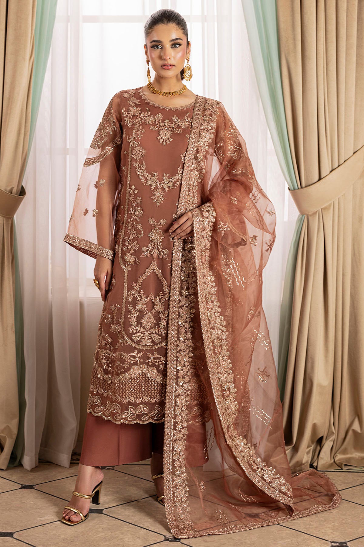 Pakistani Copper Embroidered Organza 3-Piece Suit - Image 1