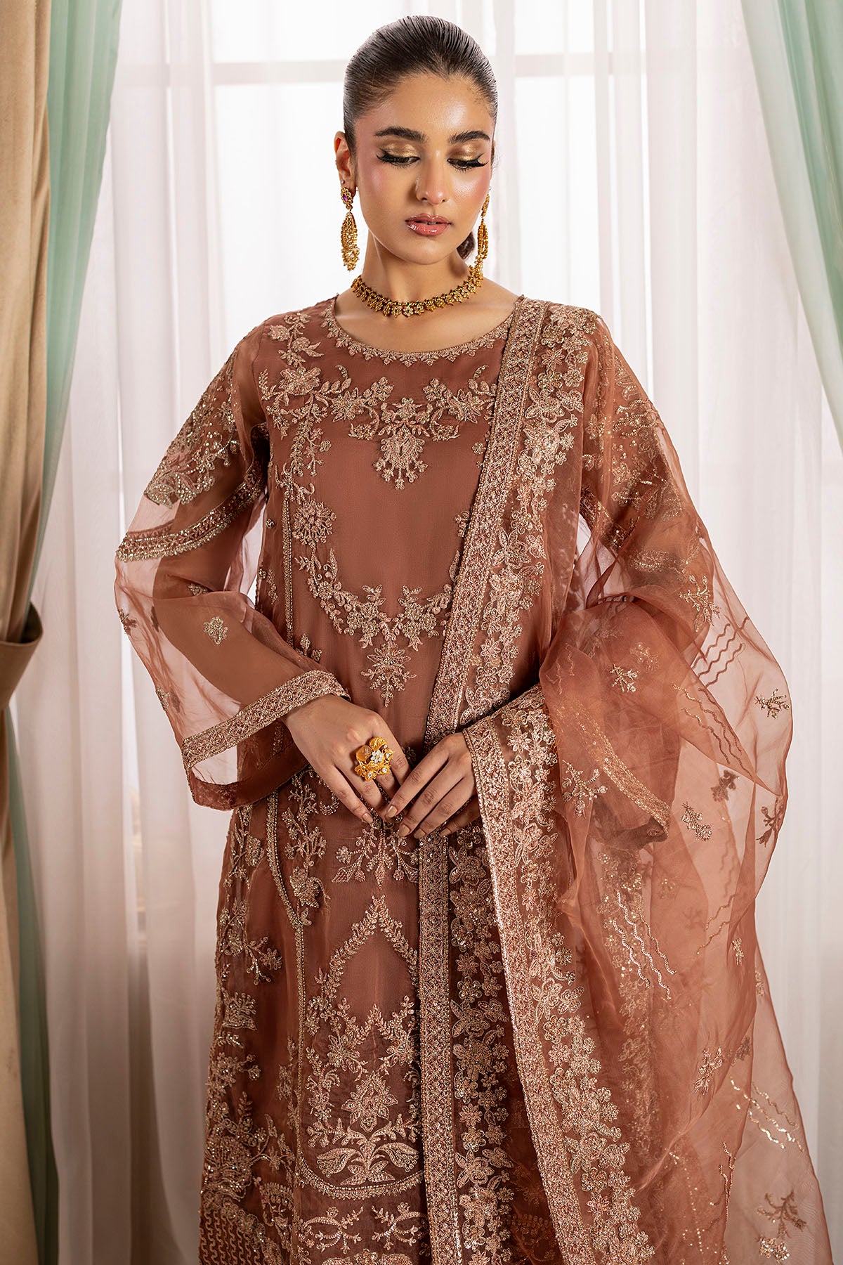 Pakistani Copper Embroidered Organza 3-Piece Suit - Image 3