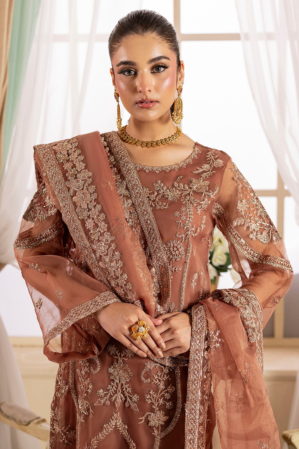 Pakistani Copper Embroidered Organza 3-Piece Suit - Image 4