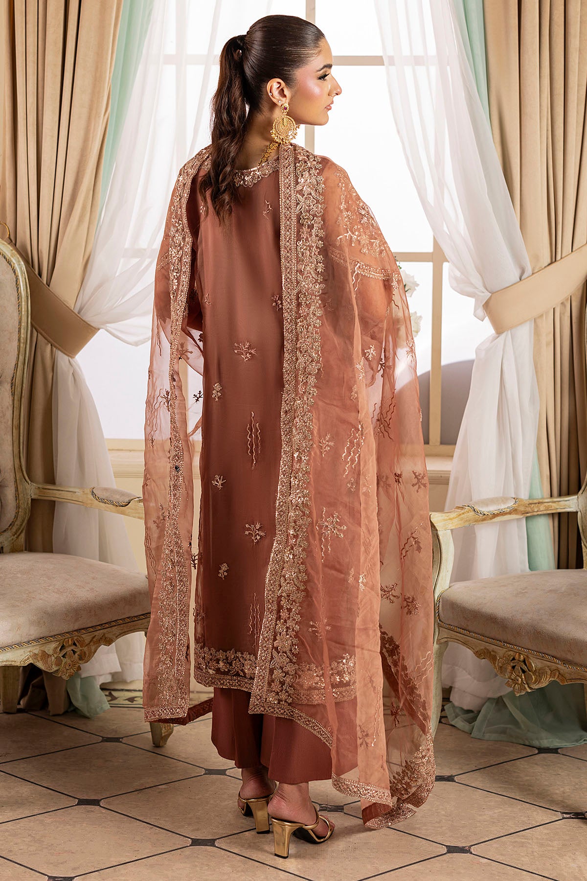 Pakistani Copper Embroidered Organza 3-Piece Suit - Image 5