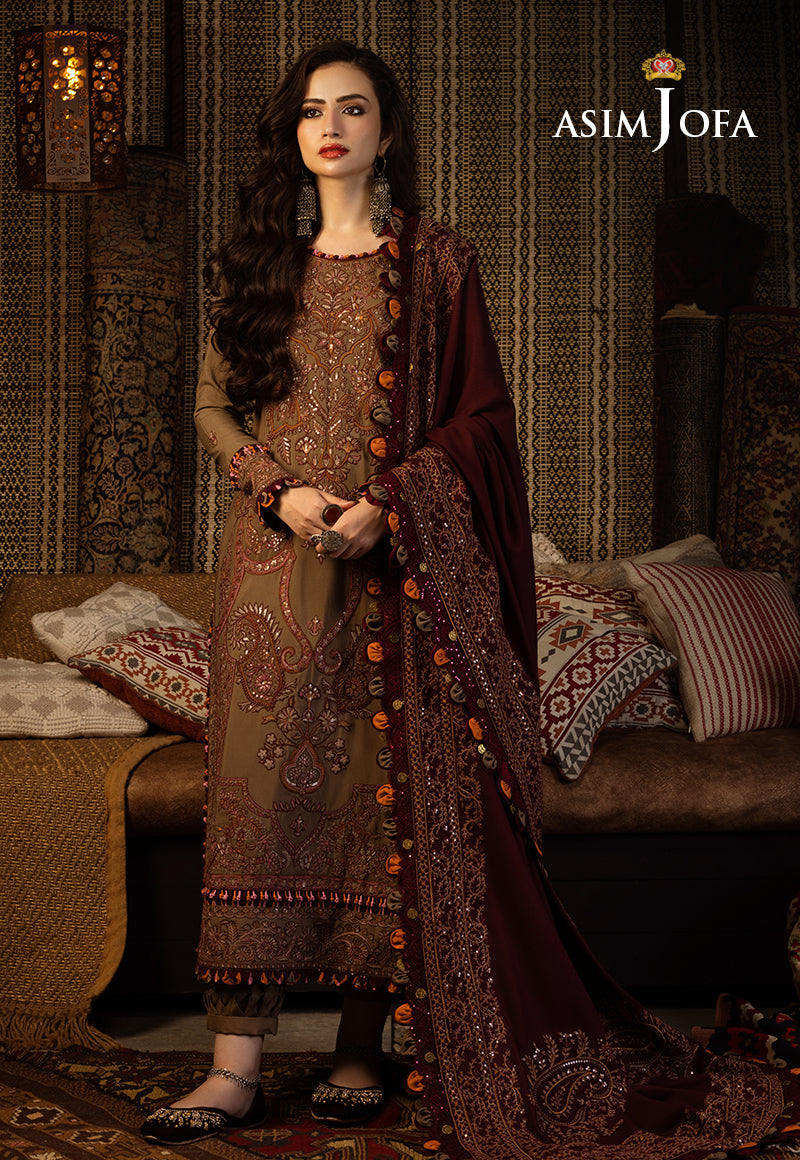 Pakistani Maroon & Taupe Kashmiri Taanka Silk Suit (3-Piece) - Image 1