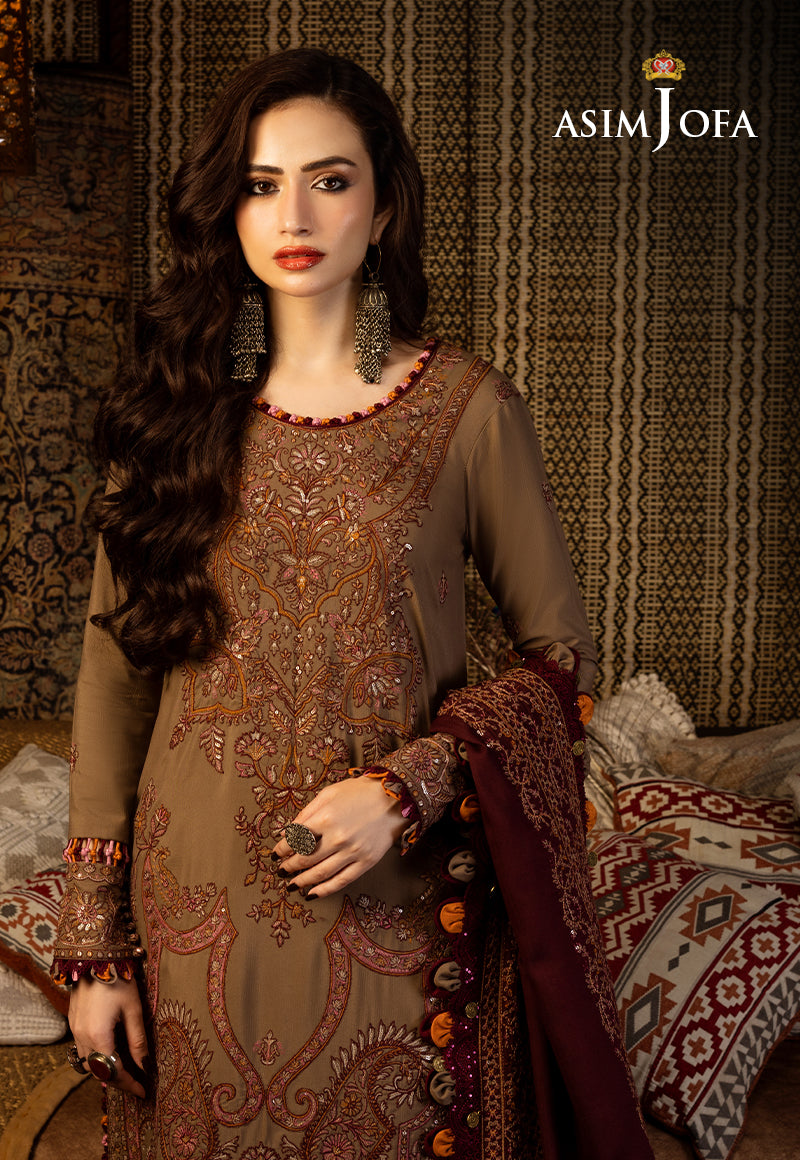 Pakistani Maroon & Taupe Kashmiri Taanka Silk Suit (3-Piece) - Image 2