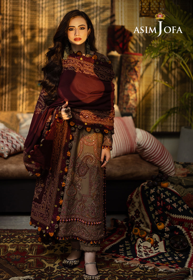 Pakistani Maroon & Taupe Kashmiri Taanka Silk Suit (3-Piece) - Image 3