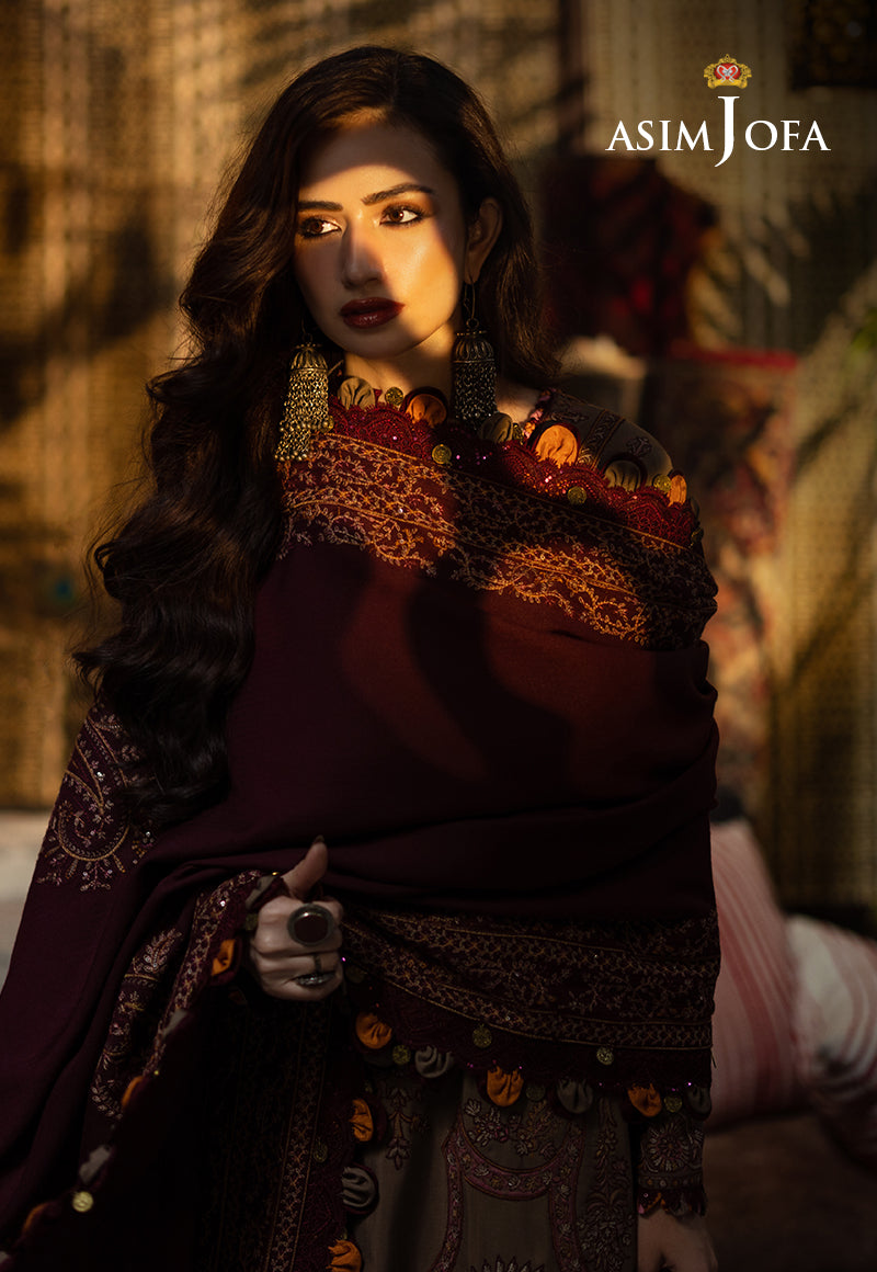 Pakistani Maroon & Taupe Kashmiri Taanka Silk Suit (3-Piece) - Image 5
