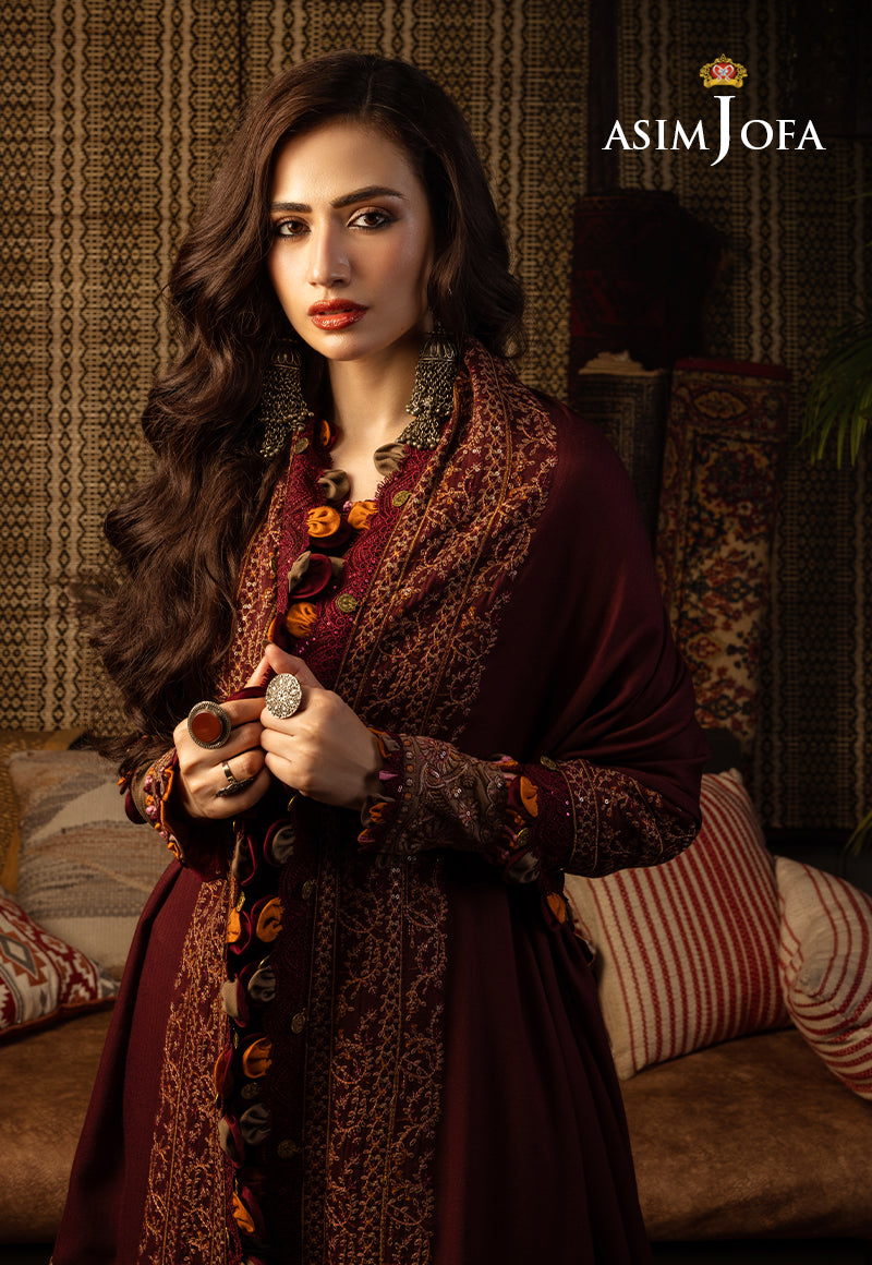 Pakistani Maroon & Taupe Kashmiri Taanka Silk Suit (3-Piece) - Image 6