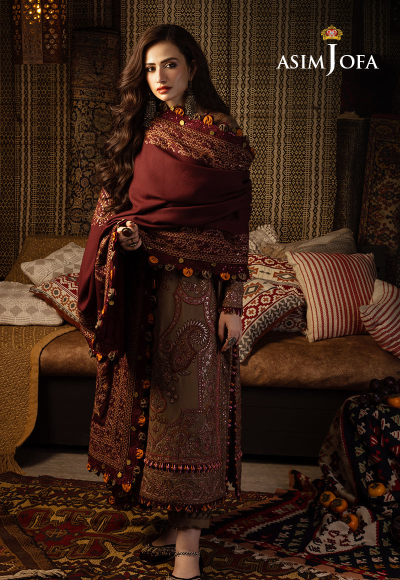 Pakistani Maroon & Taupe Kashmiri Taanka Silk Suit (3-Piece) - Image 8