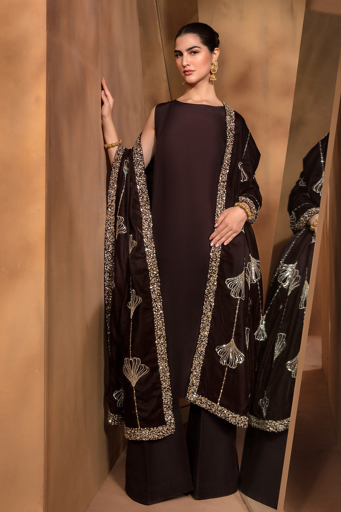 Pakistani Deep Brown Embellished Raw Silk Salwar Kameez (3-Piece) - Image 1