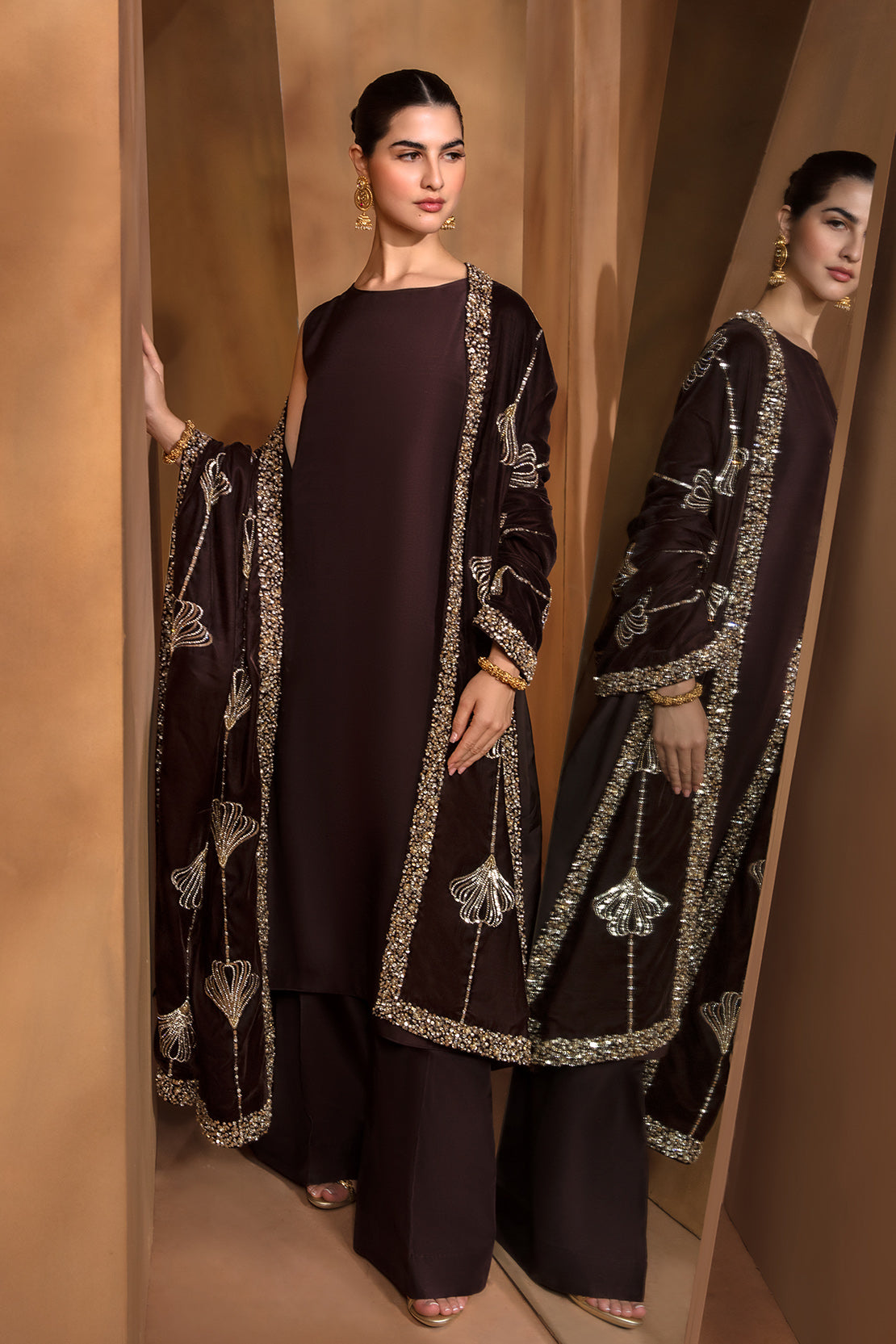 Pakistani Deep Brown Embellished Raw Silk Salwar Kameez (3-Piece) - Image 2