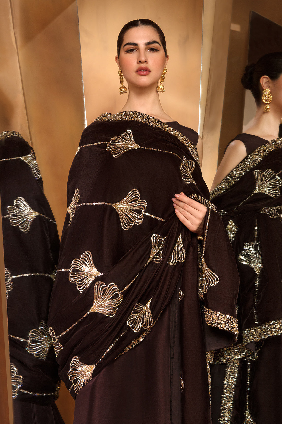 Pakistani Deep Brown Embellished Raw Silk Salwar Kameez (3-Piece) - Image 3