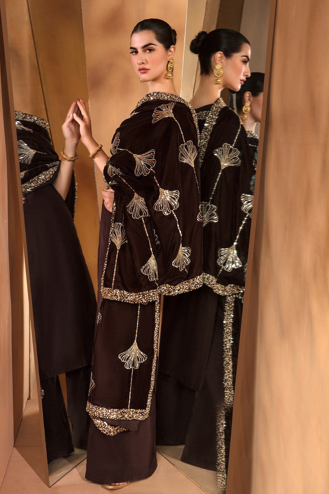 Pakistani Deep Brown Embellished Raw Silk Salwar Kameez (3-Piece) - Image 5