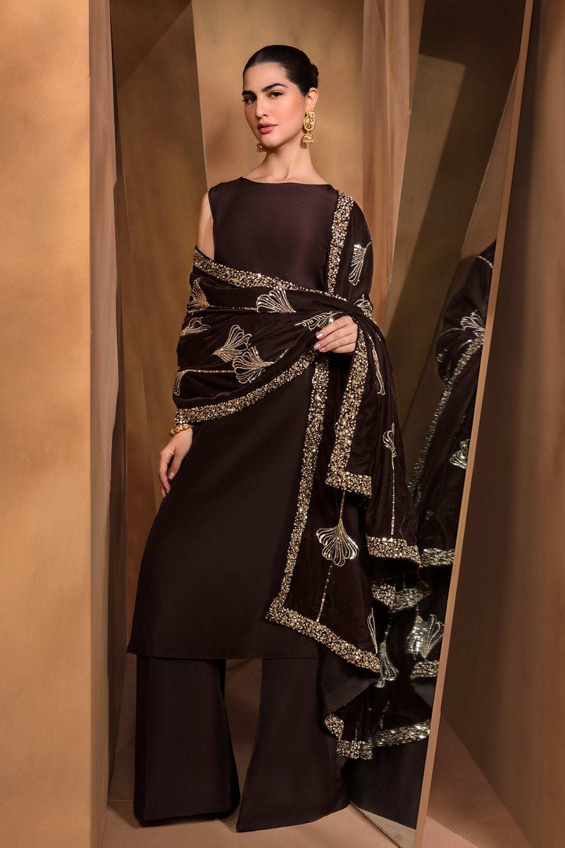 Pakistani Deep Brown Embellished Raw Silk Salwar Kameez (3-Piece) - Image 6