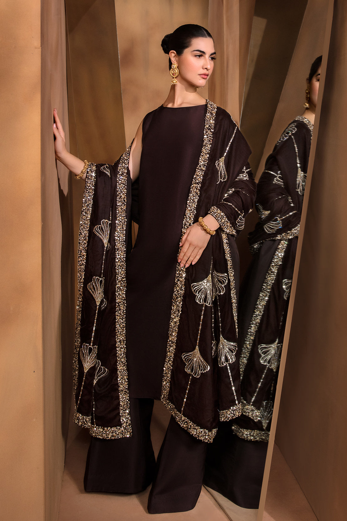 Pakistani Deep Brown Embellished Raw Silk Salwar Kameez (3-Piece) - Image 8