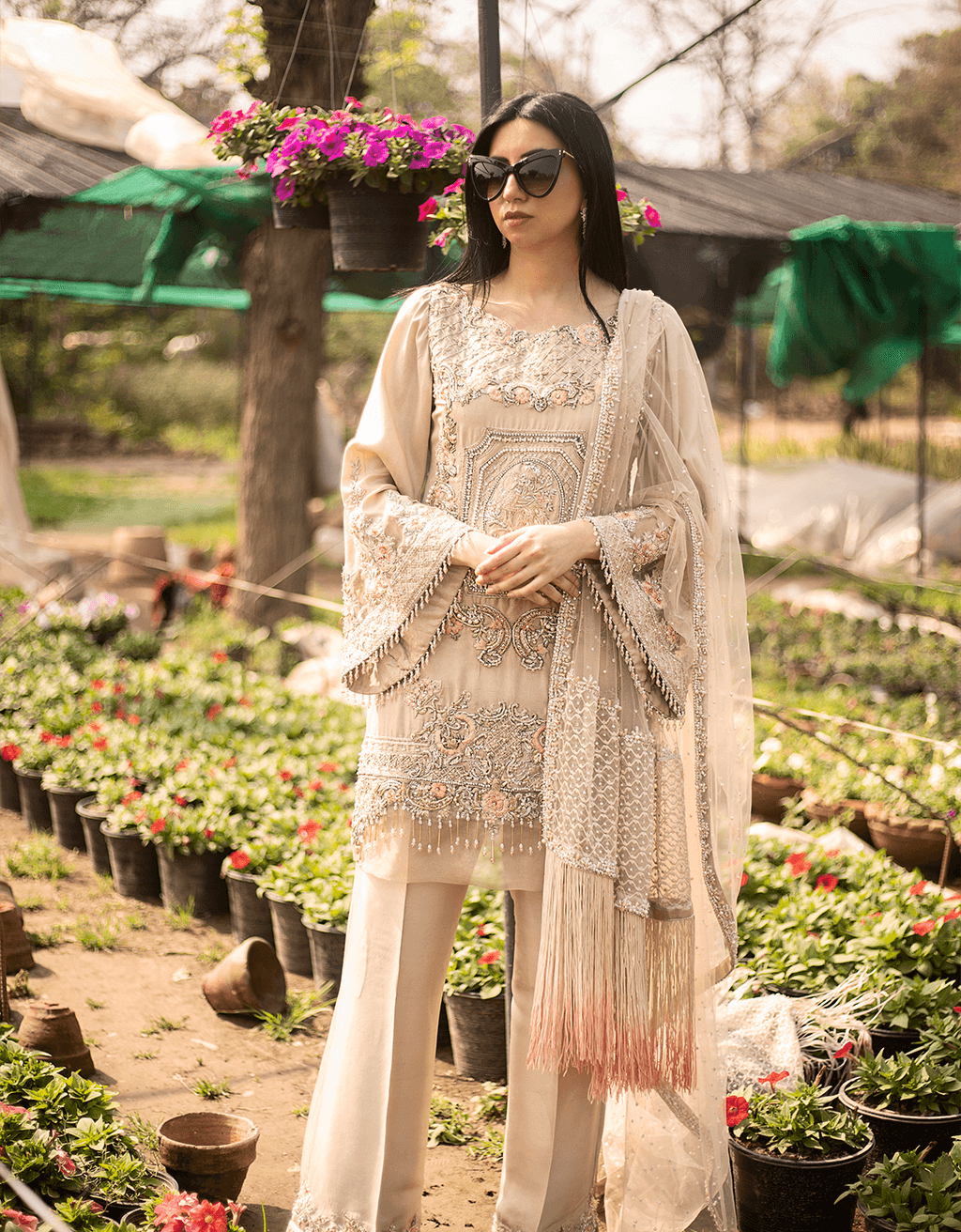 Soft Coffee Pearl Embellished Silk-Blend Salwar Kameez (3-Piece) - Image 1