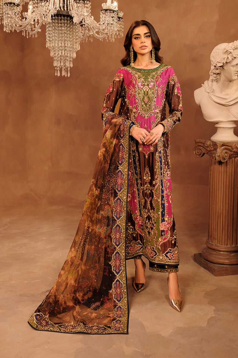 Deep Brown & Magenta Embroidered Tissue Silk Salwar Kameez (3-Piece) - Image 1