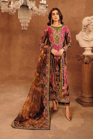 Deep Brown & Magenta Embroidered Tissue Silk Salwar Kameez (3-Piece) - Image 2