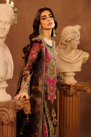 Deep Brown & Magenta Embroidered Tissue Silk Salwar Kameez (3-Piece) - Image 3