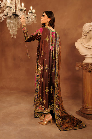 Deep Brown & Magenta Embroidered Tissue Silk Salwar Kameez (3-Piece) - Image 4