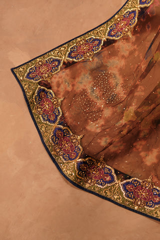 Deep Brown & Magenta Embroidered Tissue Silk Salwar Kameez (3-Piece) - Image 6