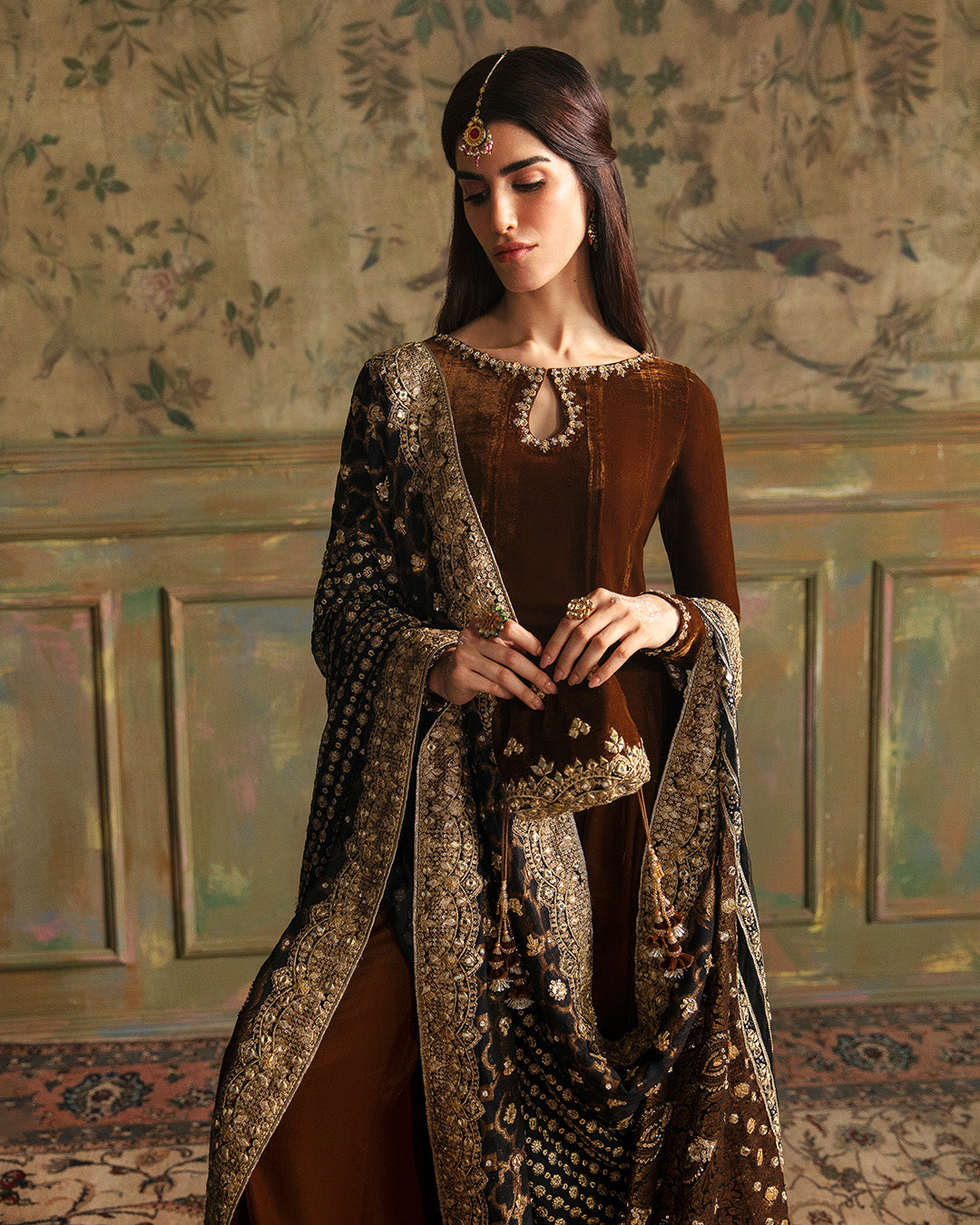 Pakistani Dark Brown Embroidered Velvet Salwar Kameez (3-Piece) - Image 6