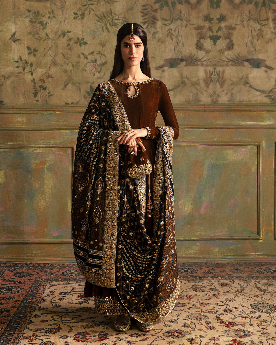 Pakistani Dark Brown Embroidered Velvet Salwar Kameez (3-Piece) - Image 1