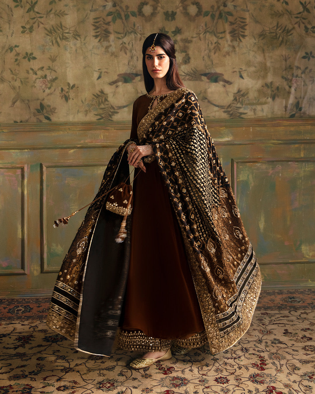 Dark Brown Embroidered Velvet Salwar Kameez (3-Piece) - Image 2